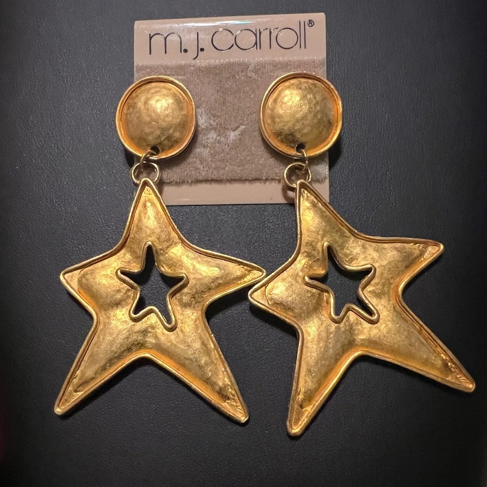 M.J. Carroll💥Rare~NWT💥Vintage Art Deco Gold Tone Star Pierced Earrings